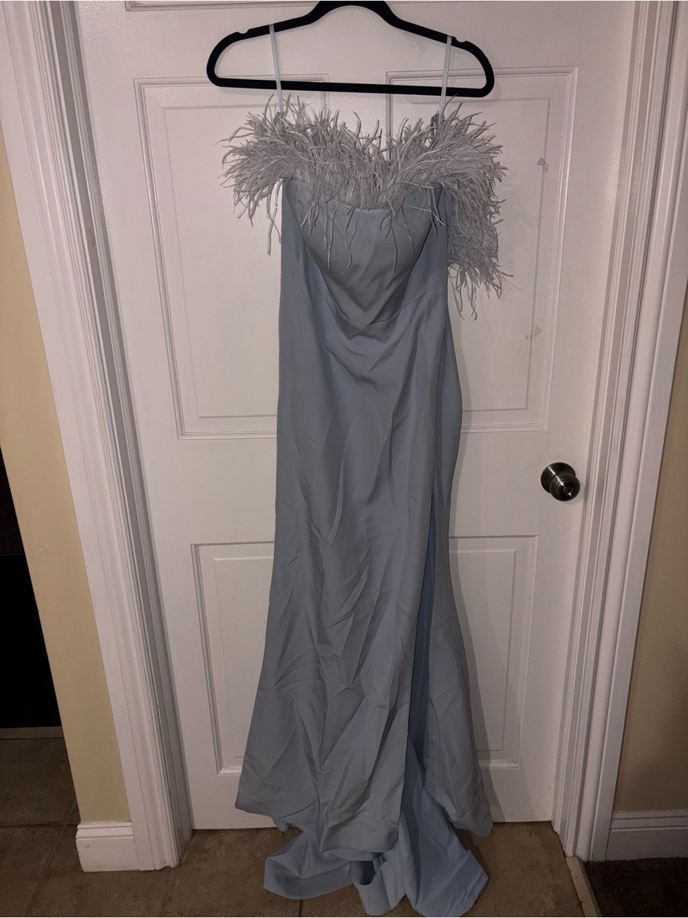 Strapless Feather-Trim Evening Gown in Dusty Blue